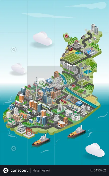 View of buildings and housing with farm in isometric illustration map  Illustration