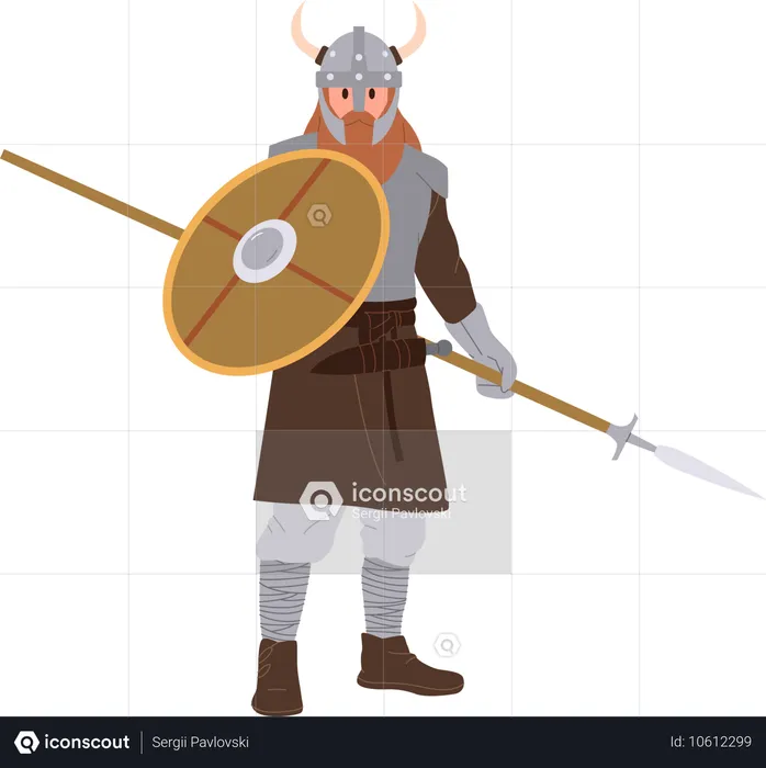 Personagem guerreiro antigo viking segurando lança e escudo redondo usando capacete e armadura  Ilustração