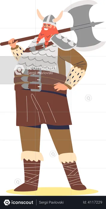 Viking man holding axe and wearing protective clothes  Illustration