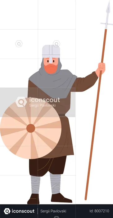 Viking medieval nordic soldier with armor holding shied and spear peak  Illustration