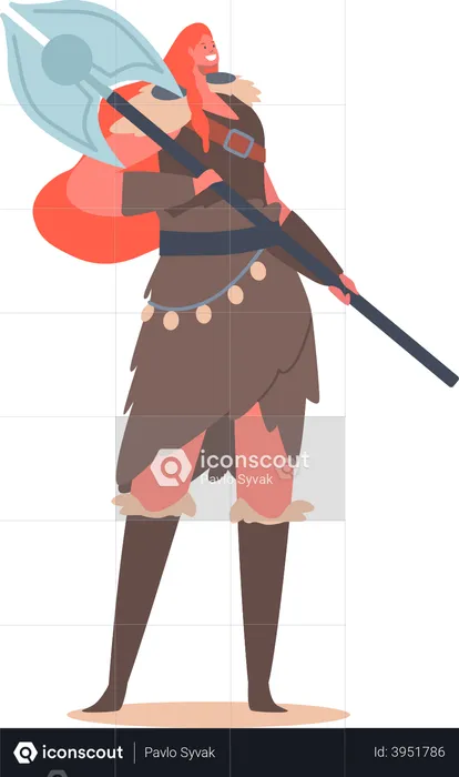 Viking Woman Holding Armor Axe  Illustration