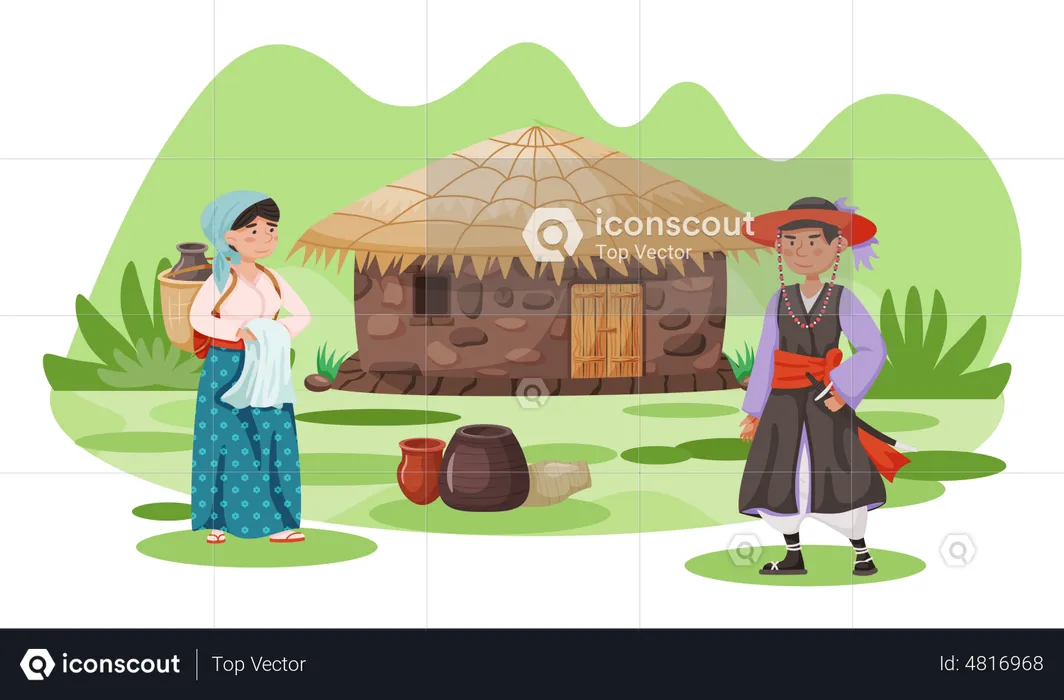 Villagers in traditional clothes  Illustration