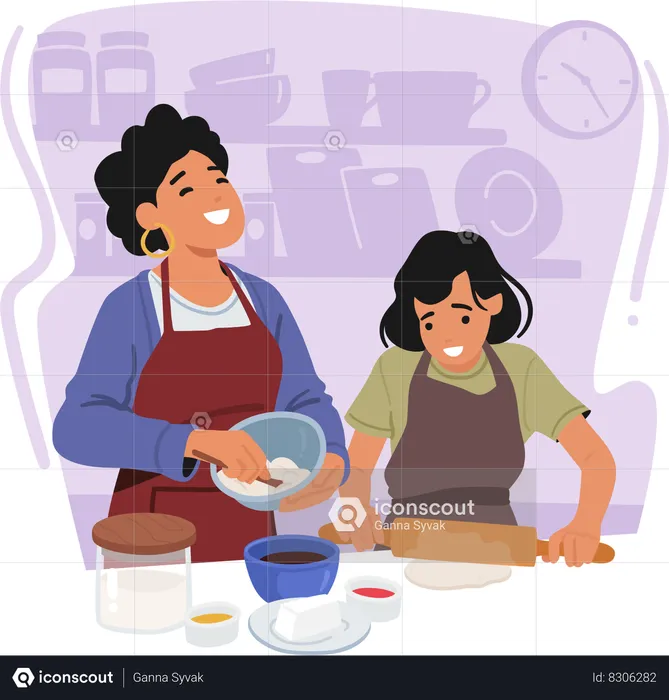 Vínculo mãe e filha na cozinha  Ilustração