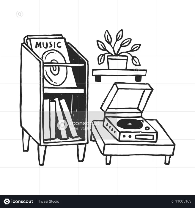 Vinyl player with books and plants  Illustration