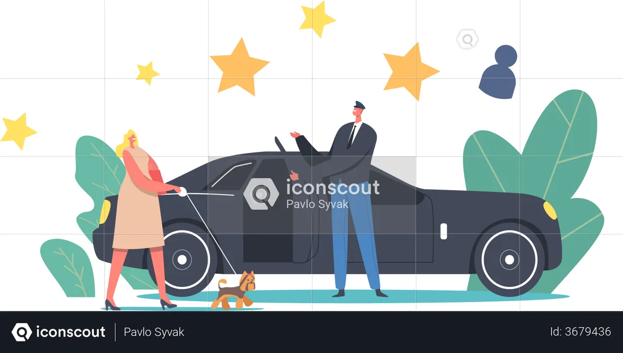 VIP People with Dog on Leash Enter Limousine with Driver  Illustration