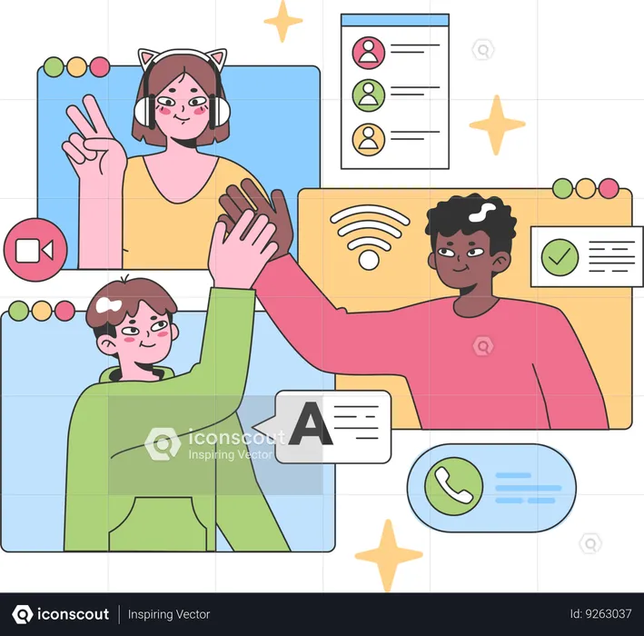 Virtual team engaging through online platforms  Illustration