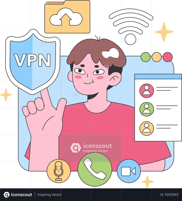 Virtual team member showcases secure VPN  Illustration