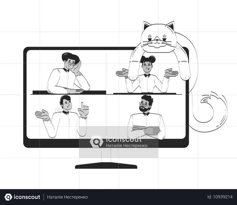 Virtuelles Treffen mit verspielter Katze, die am Computer faulenzt  Illustration