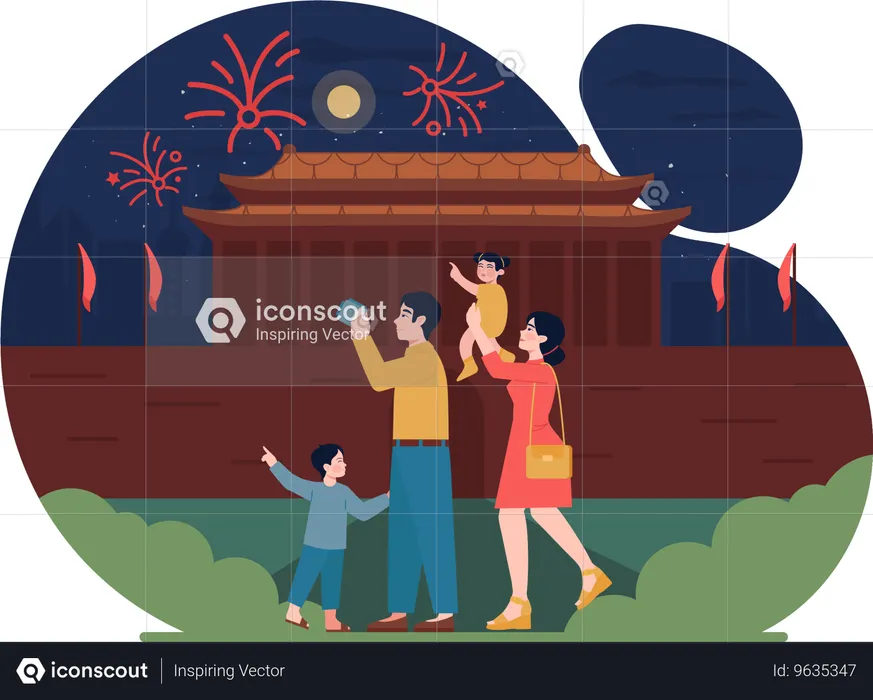 Osservazione della famiglia ai petardi la notte di Capodanno  Illustration