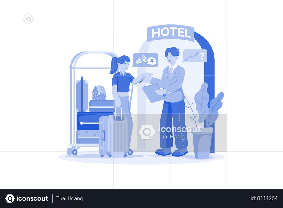 O visitante está verificando no hotel  Ilustração