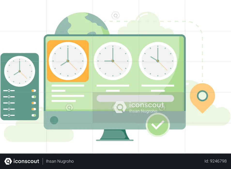 Visualización del reloj mundial en la computadora  Ilustración