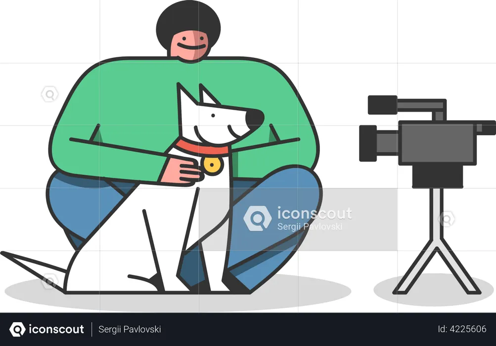 Vlogger moderno creando video con perro para canal de blog en redes sociales  Ilustración