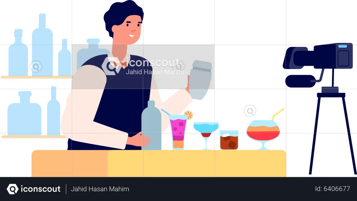 Vlogger Waiter Serving Wine  Illustration