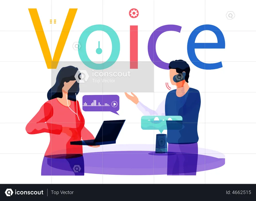 Voice Assistant. Smart Speaker Virtual Assistant, Sound Robot, People Using Voice Controlled Smart Speaker  Illustration