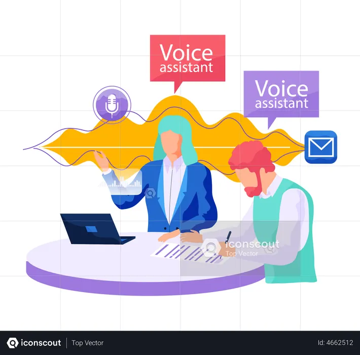 Voice assistant. Smart speaker virtual assistant, sound robot, people using voice controlled smart speaker  Illustration