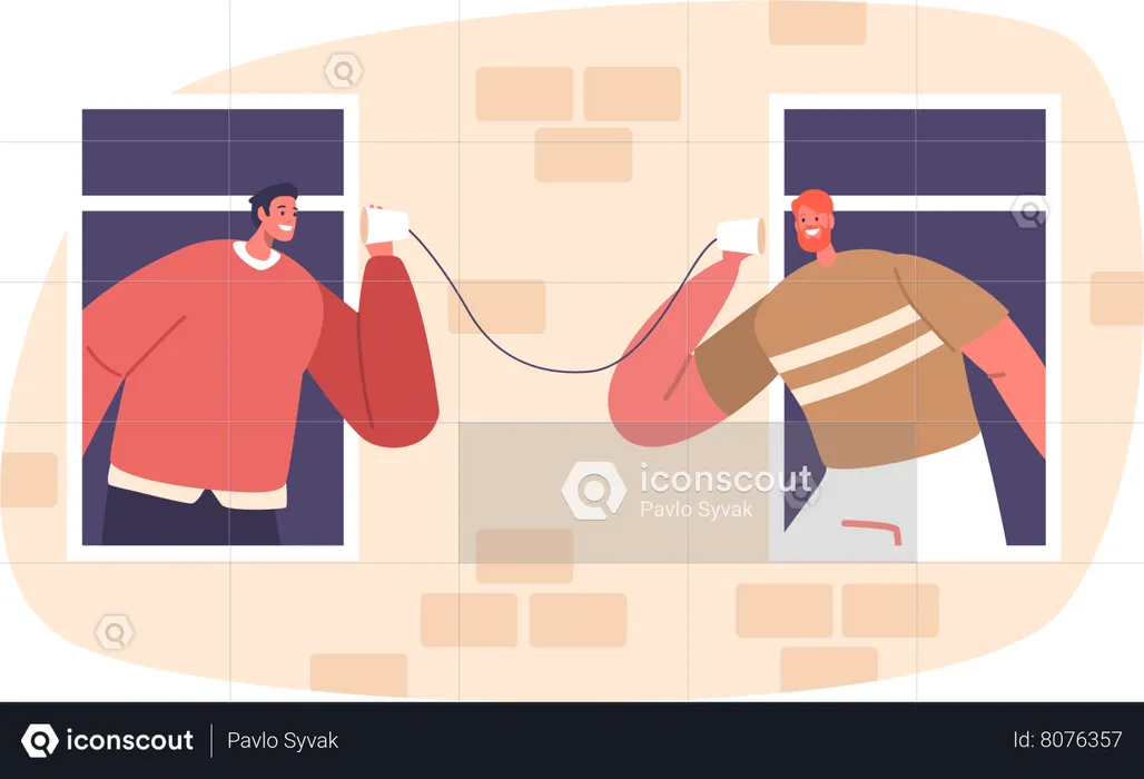 Des voisins masculins communiquent ingénieusement via un téléphone à corde  Illustration