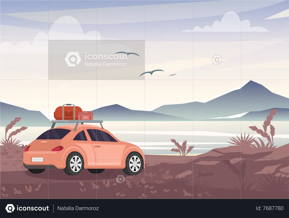 Voiture campée près d'un magnifique paysage  Illustration