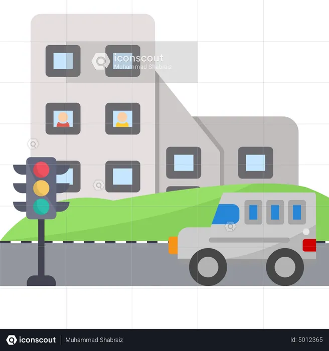 Voiture debout sur les feux de circulation sur la route  Illustration