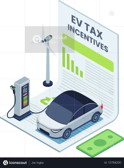 Voiture électrique à la borne de recharge sur le document d'incitation fiscale  Illustration