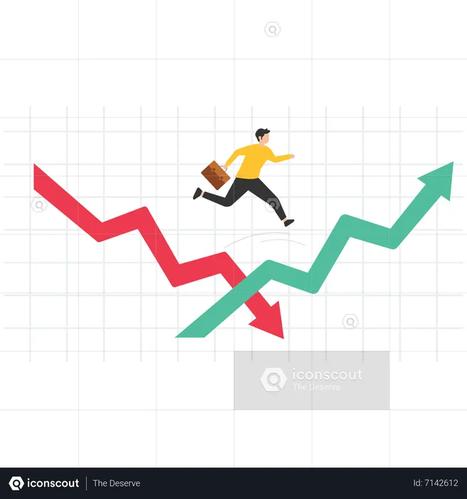 Volatilité économique, Se remettre de la crise boursière, s'adapter, faire face au ralentissement boursier ou au marché baissier, homme d'affaires sautant du rouge à la flèche montante  Illustration