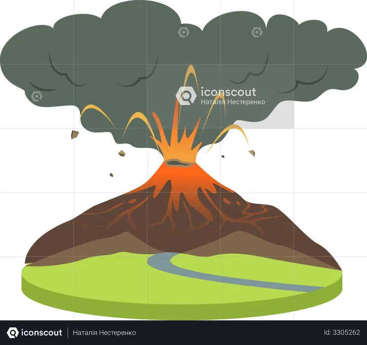 Volcano eruption in rural area  Illustration
