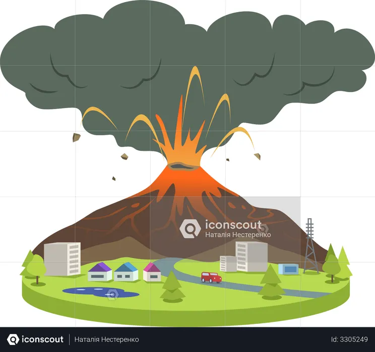 Volcano eruption in small city  Illustration