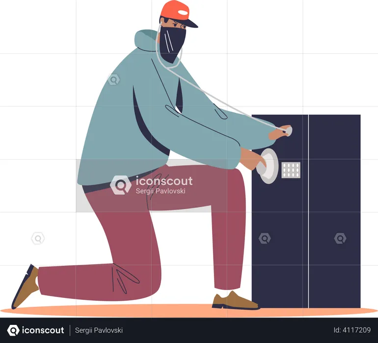 Voleur masqué essayant d’ouvrir un grand coffre-fort  Illustration