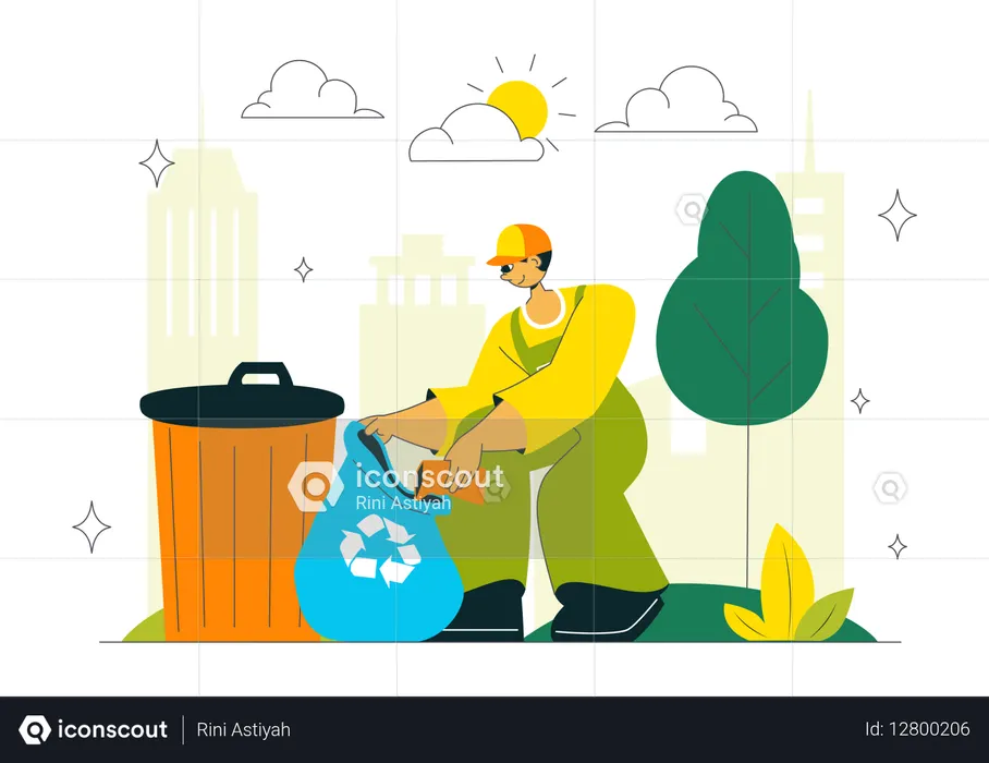 Voluntario recoge basura en contenedor  Ilustración