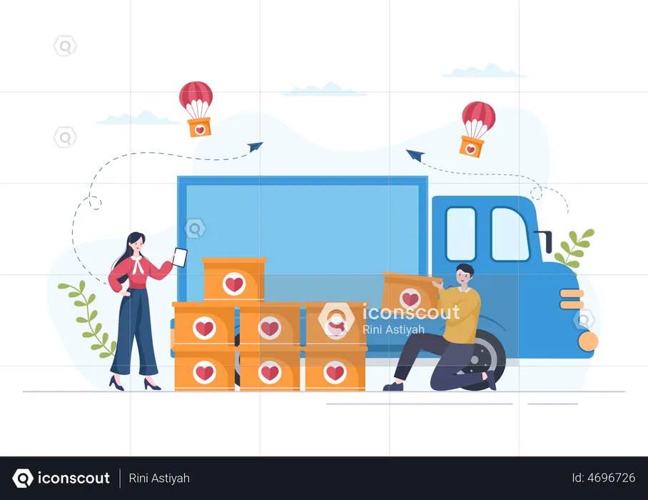 Voluntários com caixas de doação  Ilustração
