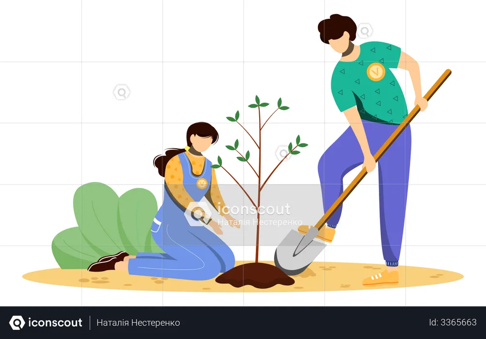 Voluntários plantando árvore  Ilustração