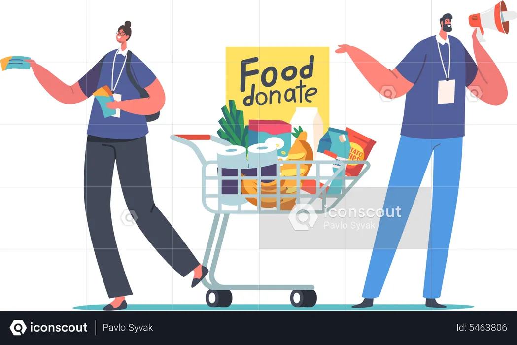 Volunteer Collect Foodstuffs for Donation Box  Illustration