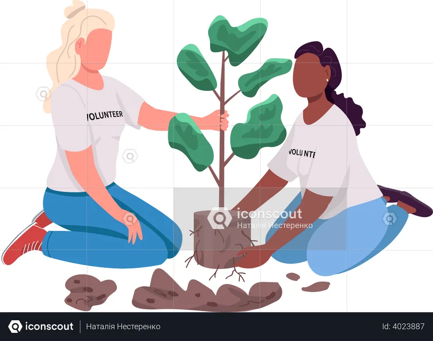 Volunteer girls caring for plant  Illustration