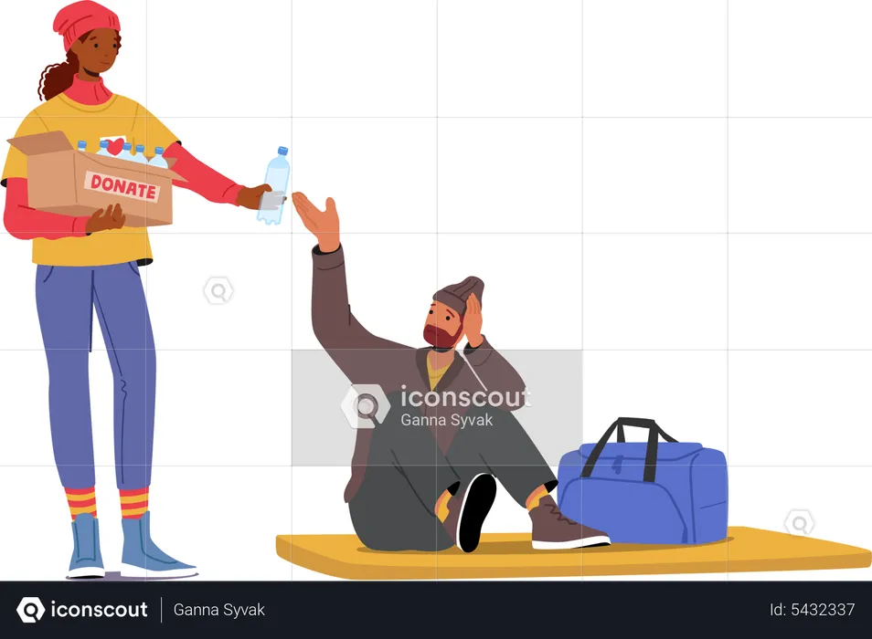 Volunteer Giving Water Bottle to Refugee Man Sitting on Floor Map in Shelter  Illustration