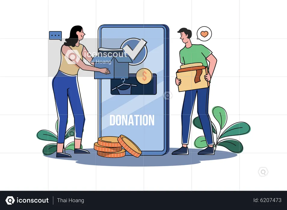 Volunteer group donates for charity via smartphone  Illustration