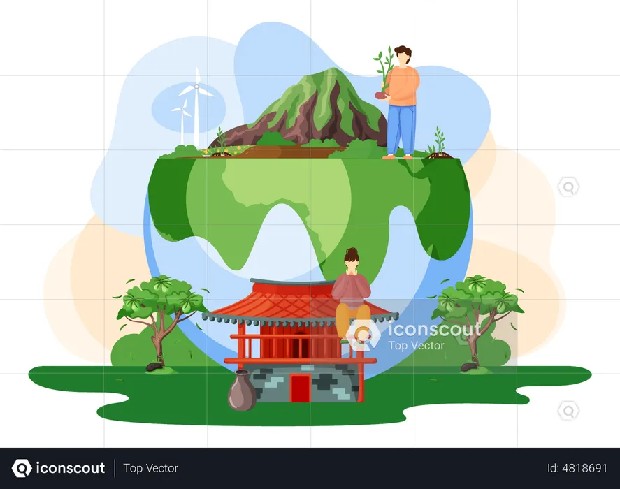 Volunteer holding tree sprout on jeju island  Illustration