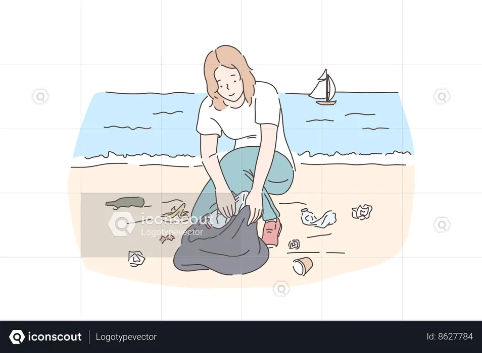 Volunteer is cleaning beach waste  Illustration