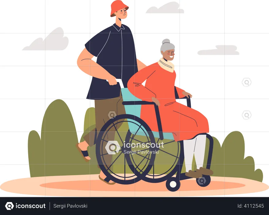 Volunteer man helping senior lady on wheelchair  Illustration