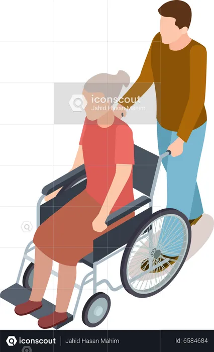 Volunteer man helping senior lady on wheelchair  Illustration