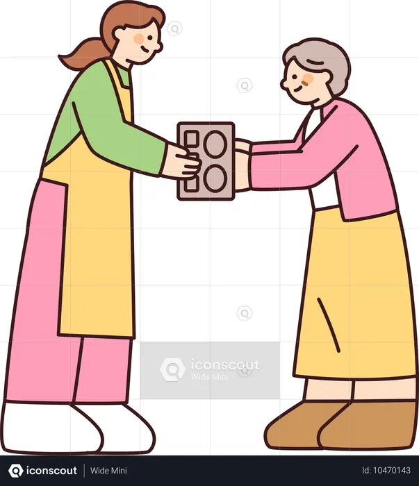 Volunteer worker giving free food to old woman  Illustration