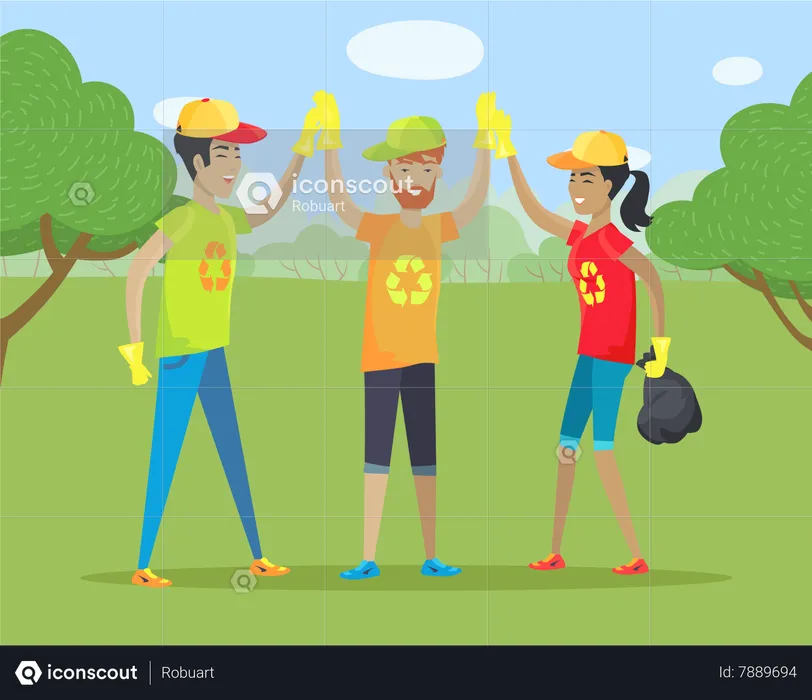 Volunteering People Cleaning Forest from Garbage  Illustration