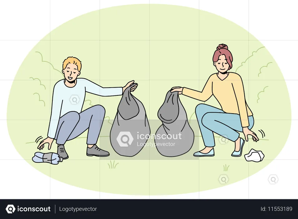 Volunteers clean street from garbage  Illustration