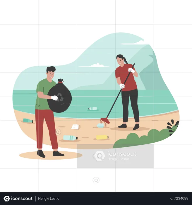 Volunteers cleaning beach from trash  Illustration