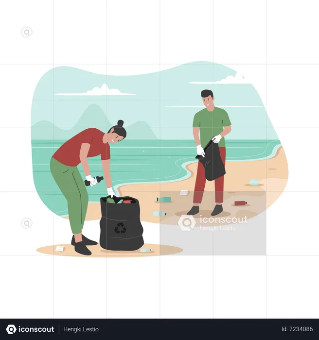 Volunteers people cleaning beach from trash  Illustration