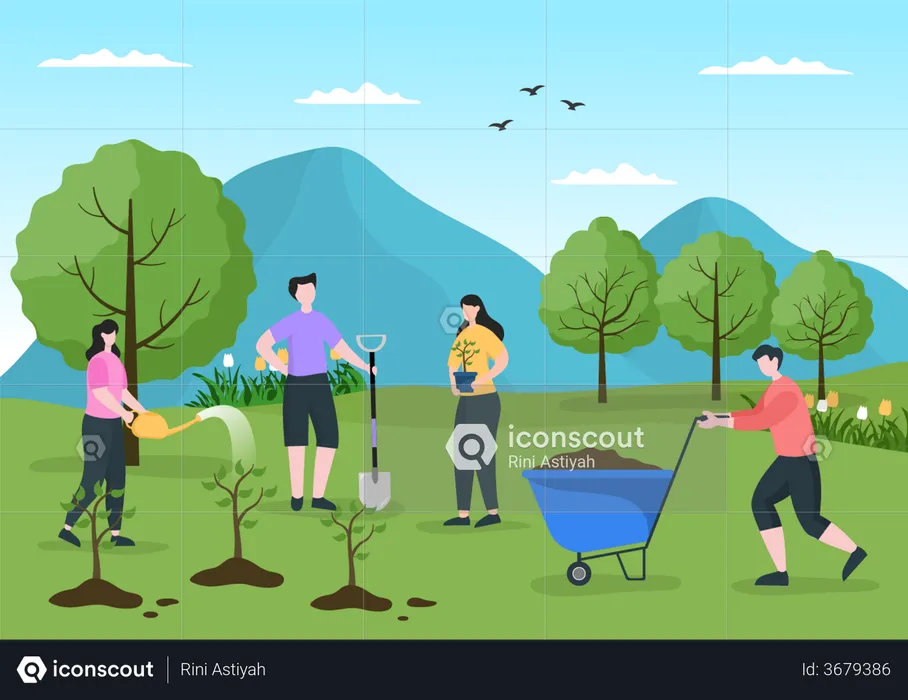 Volunteers Planting Trees  Illustration