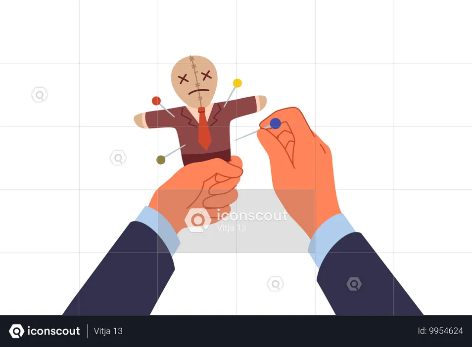 Voodoo-Puppe in den Händen eines Geschäftsmannes, der schwarze Magie und heidnische Flüche für unlauteren Wettbewerb einsetzt  Illustration