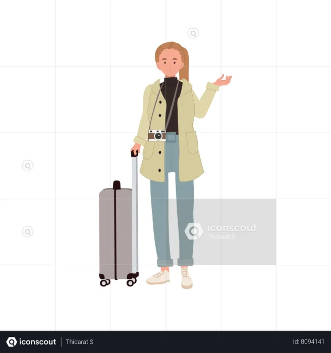 Femme de voyage avec bagage à main, touriste avec bagage à main Girl avec sac de voyage  Illustration