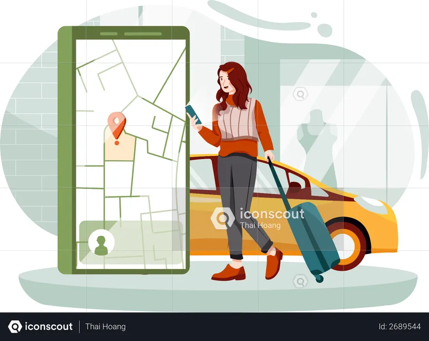 Traveler Lady commandant un taxi depuis une application mobile  Illustration