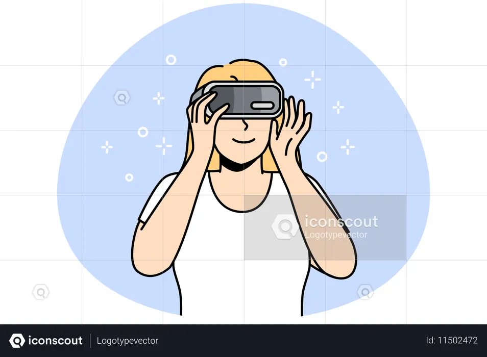 VRメガネをかけた笑顔の女性が新たな地平を探索  イラスト
