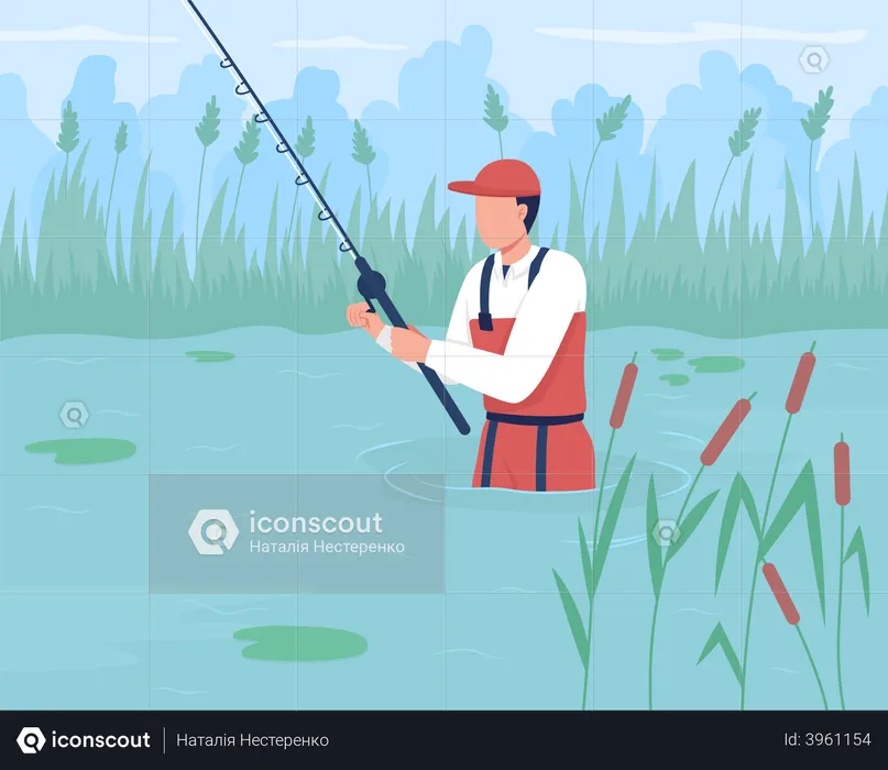 Wade fishing flat color vector illustration  Illustration