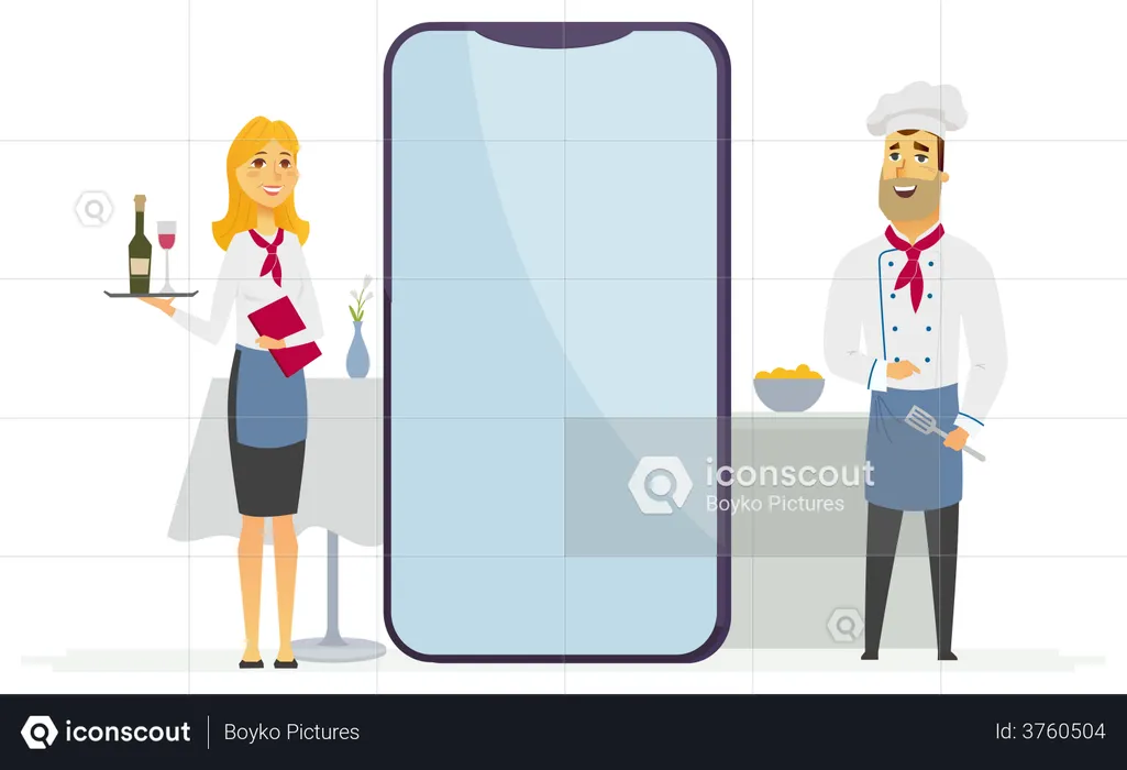 Waiter and chef standing near mobile screen  Illustration